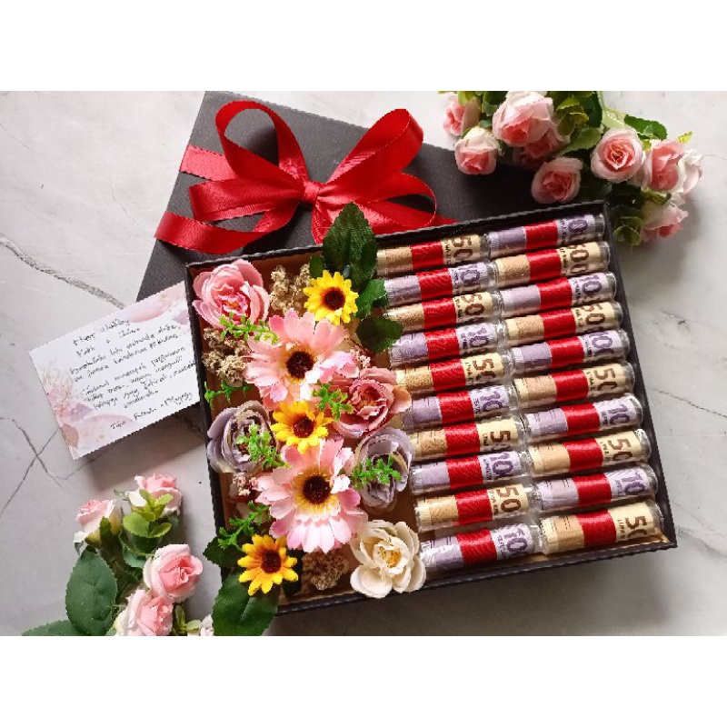 BACA DESKRIPSI (PECAHAN MIX 5K & 10K) MONEY BUKET UANG BOUQUET BOX KADO ULTAH ANNIV WEDDING