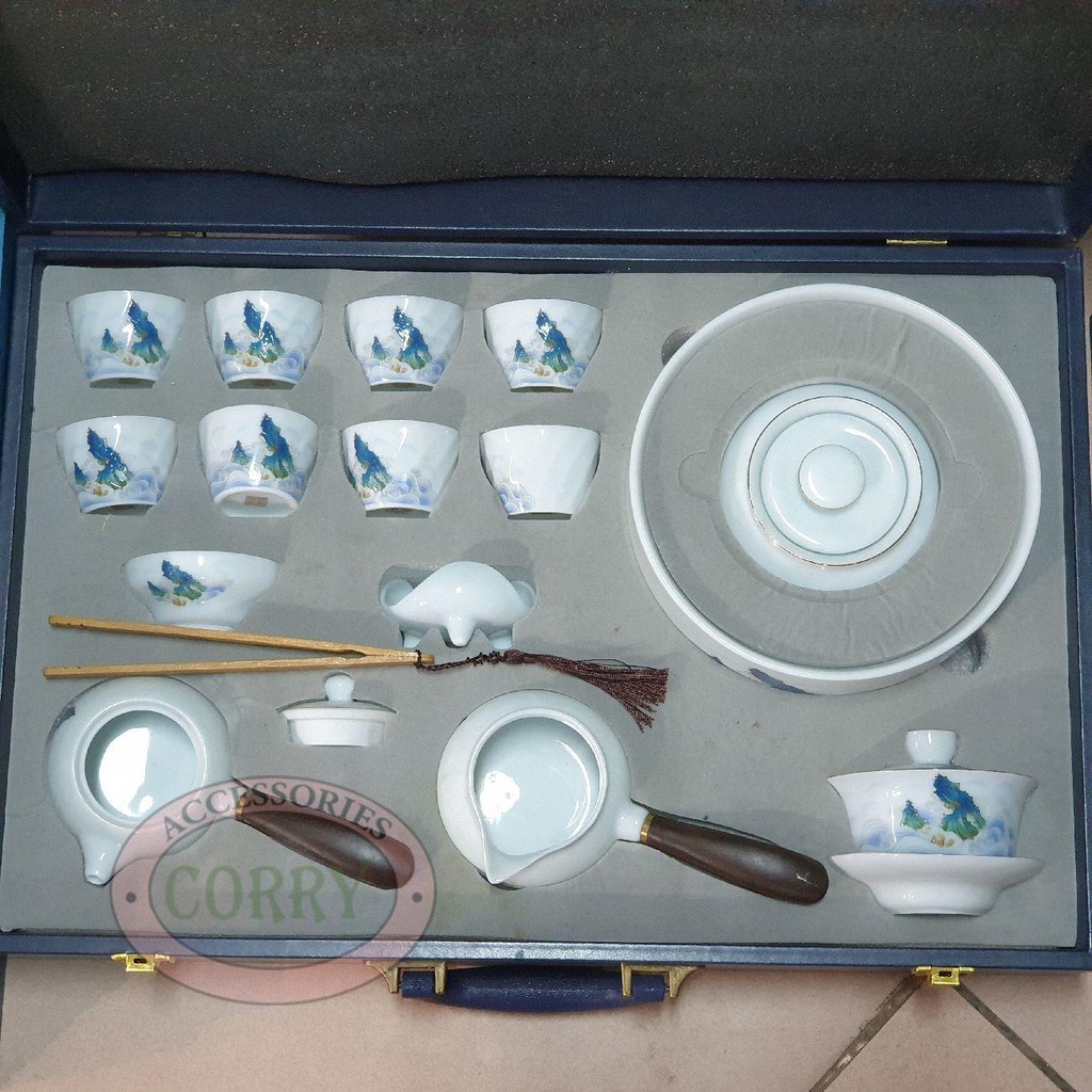 Teko Cangkir Tea set teh Tepai putih ombak 8 cangkir keramik