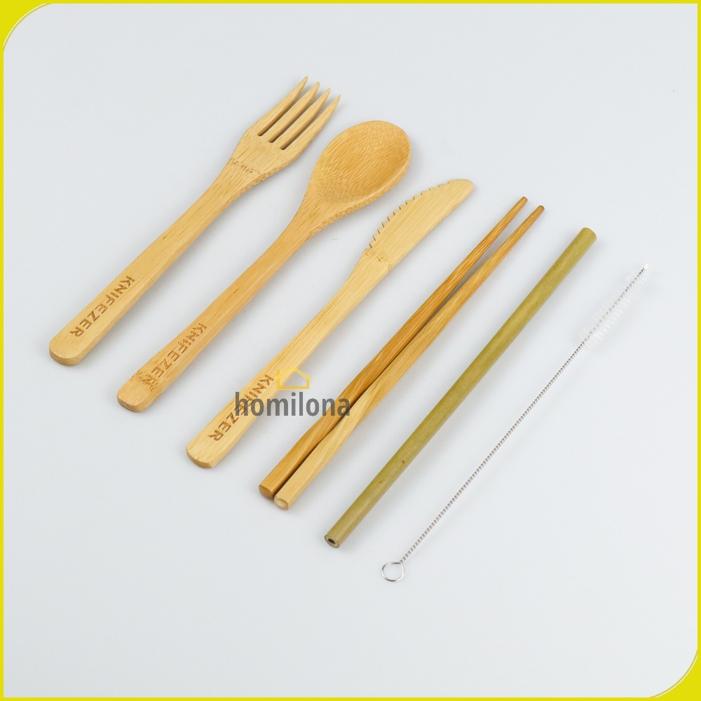 Cutlery Set Perlengkapan Makan Sendok Garpu Pisau Sumpit Sedotan Japanese Style Bamboo - KNIFEZER EA02510 - Wooden