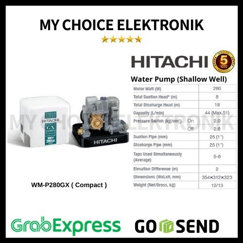 Pompa Air Hitachi WM-P280GX - Pompa Dorong Listrik untuk Rumah Tangga