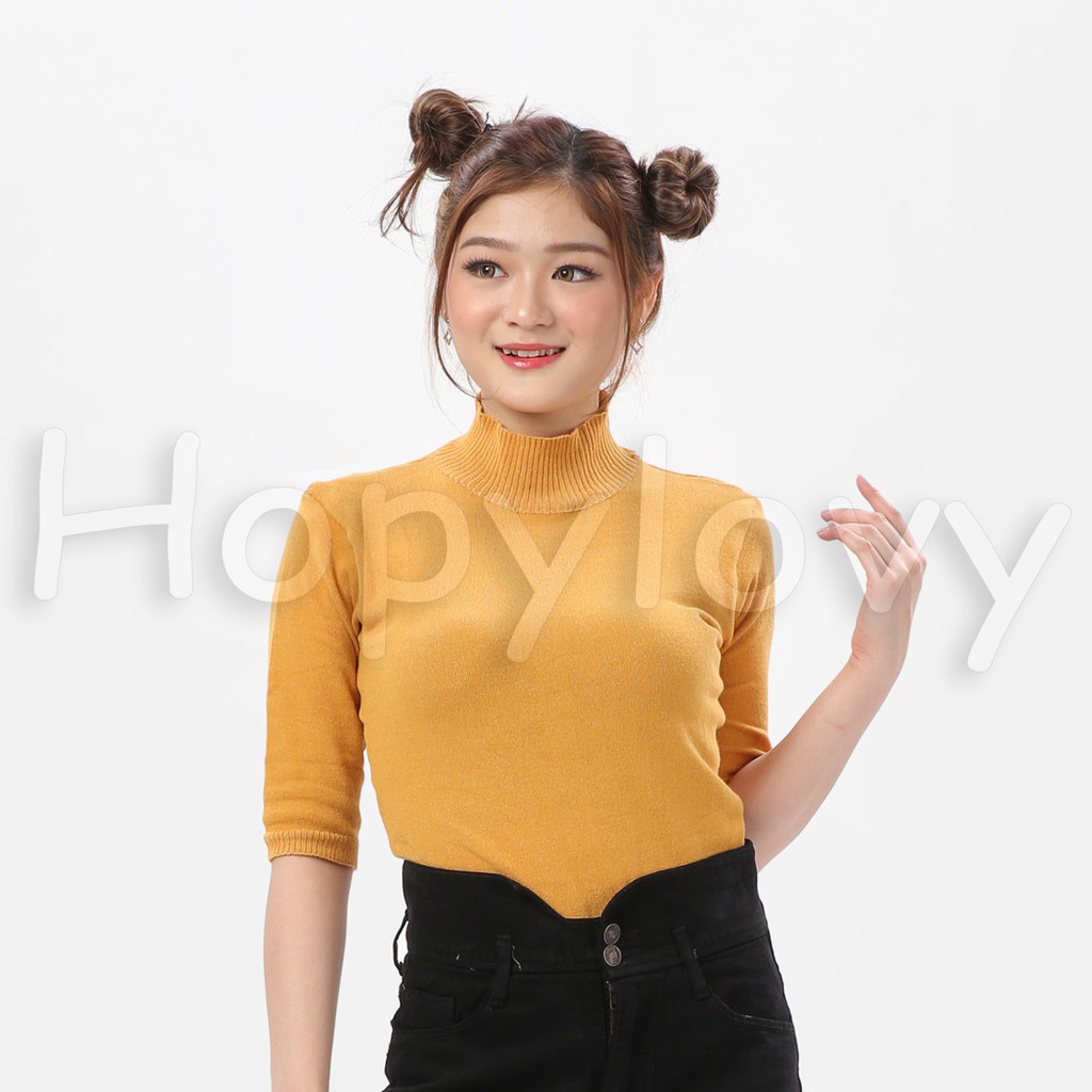 HOPYLOVY Blouse Rajut Turtleneck Wanita Lengan 3 per 4 Rafika-MUSTARD