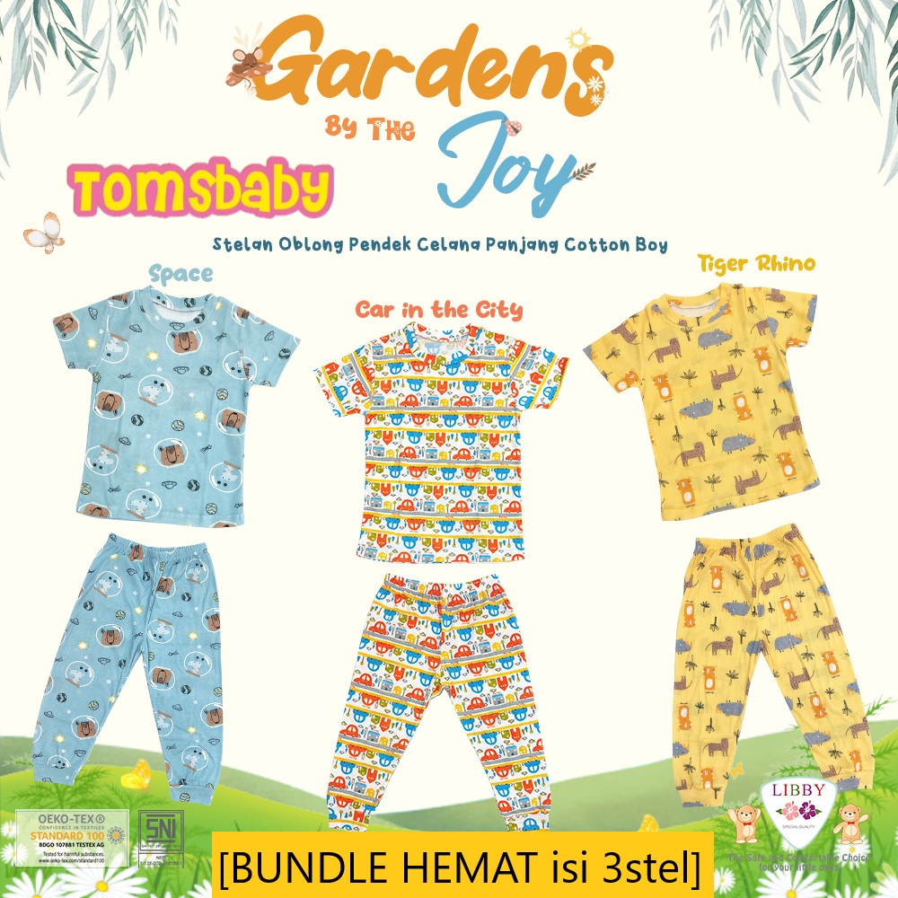 [BUNDLE HEMAT 3stel BOY ] LIBBY - Stelan Atasan PENDEK + Celana PANJANG Oblong Cotton Tipis Motif Print BOY Terbaru (0-19kg)