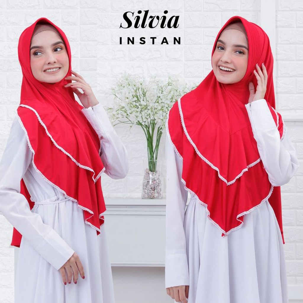 HIJAB INSTANT DEWASA SILVIA / JILBAB INSTAN MENUTUP DADA DENGAN AKSESORIES RENDA / JILBAB BERGO JERSEY MURAH / JILBAB LANGSUNG PAKAI