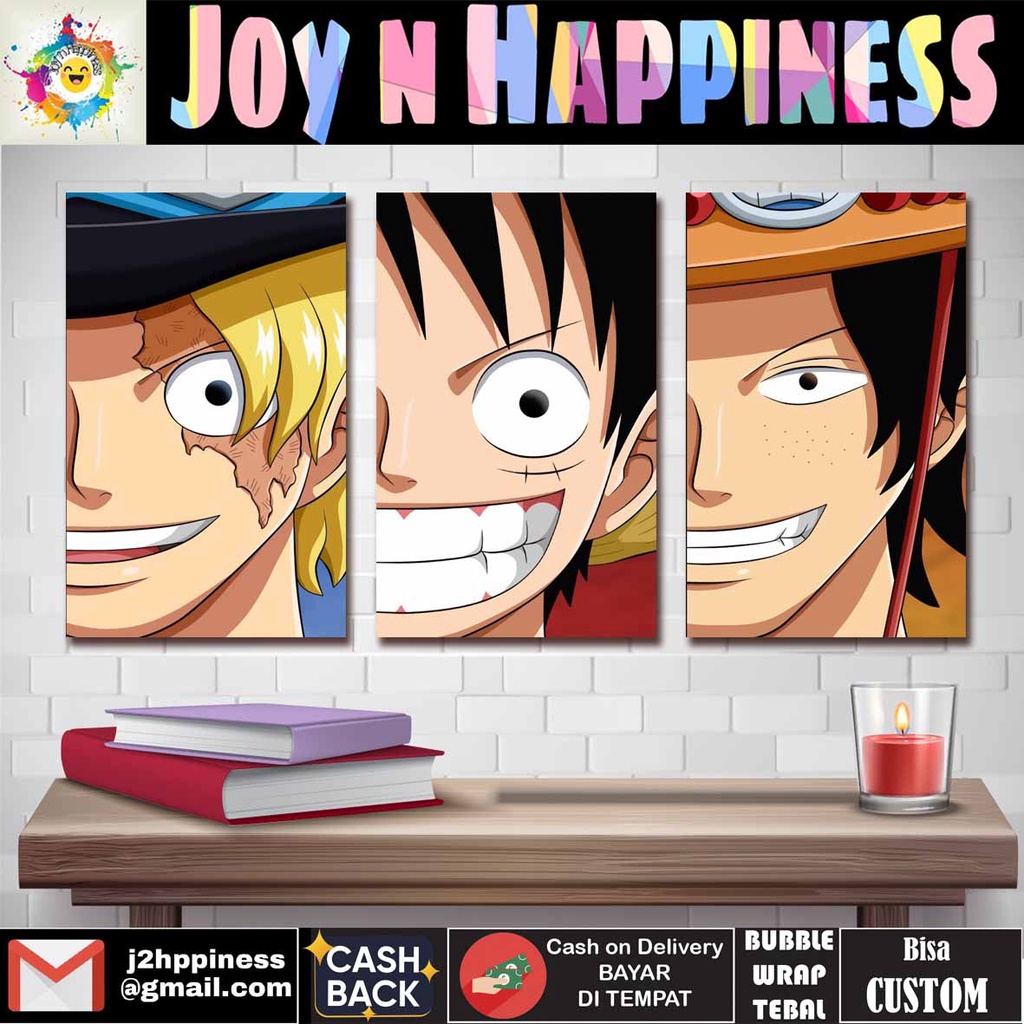 Hiasan Dinding Poster Bingkai Kayu Anime One Piece LUFFY SABO ACE