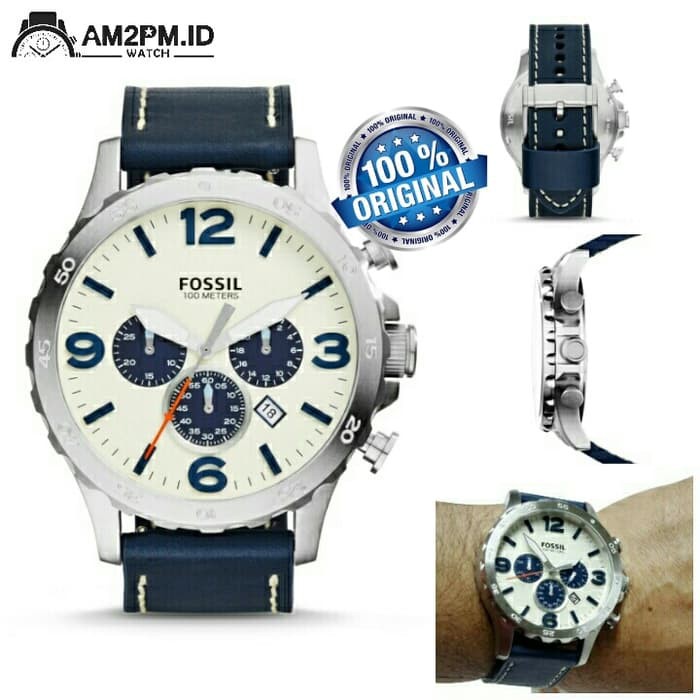 Suplier Jam Tangan Fossil Nate Chronograph Navy Leather JR1480P Ori