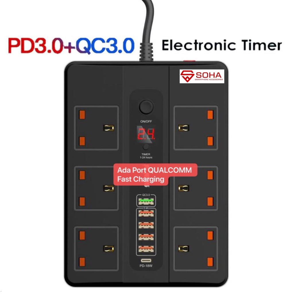 SOHA BKL-11 Stop Kontak Pakai Waktu / Power Socket Timer + 5 USB Port 3.4A Multi Port &amp; 1 P