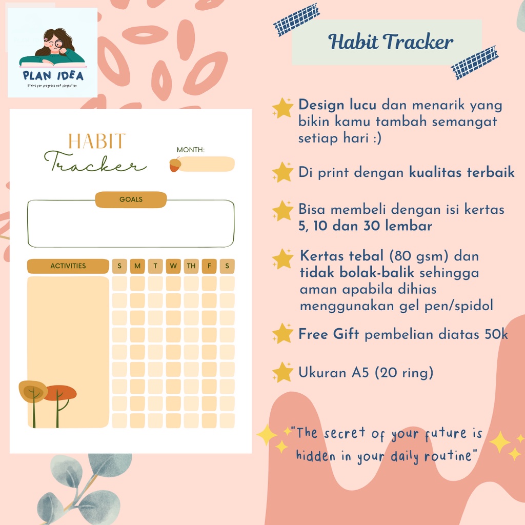 

Habit Tracker/Pencatat Kebiasaan/Time Plan Schedule Organizer/Notebook Lucu/Refill Binder/Kertas Binder/Bullet Journal A5 80 GSM