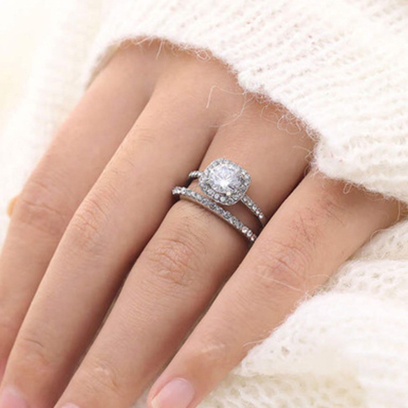 2pc/1set Women Trendy Inlaid Zircon Alloy Silver Rings