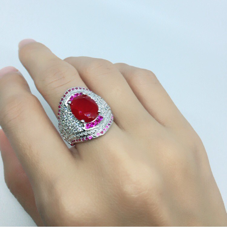 Cincin Lapis Emas Putih Besar Batu Merah Pinggir Fuschia Mewah - BR224