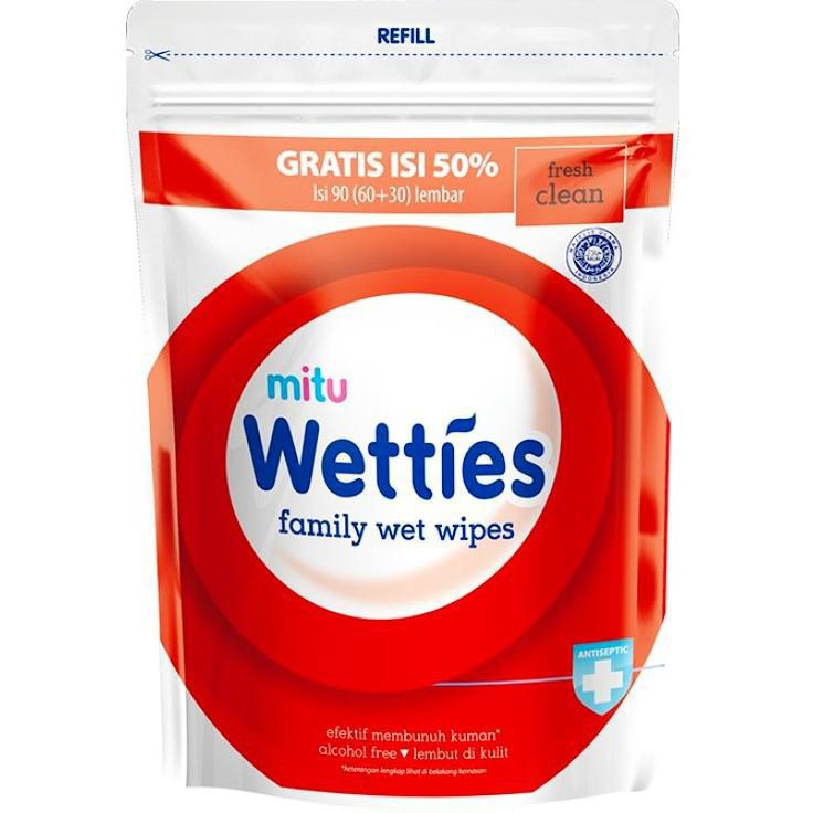 MITU WETTIES FAMILY WET WIPES FRESH CLEAN LEMON FRESH ANTISEPTIC BOTTLE REFILL ISI 90 S 90S