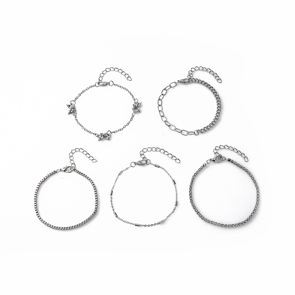 【COD Tangding】5pcs / set Gelang Rantai Silang Desain Kupu-Kupu Warna Silver Emas