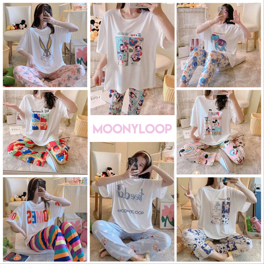 Piyama Oversize Bahan Kaos Lengan Pendek Baju Tidur Wanita pakaian tidur wanita kaos set baju tidur wanita piyama-2