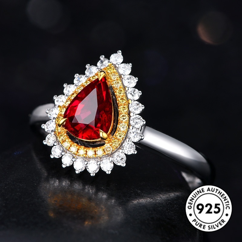 Cincin Ruby S925 Silver Bentuk Pir Water Drop Untuk Wanita