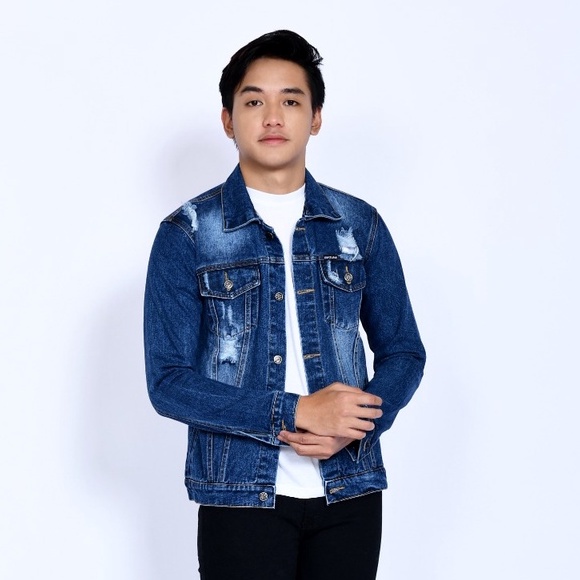 New_BOSSE Biowash Ripped Denim Jacket Men - Jaket Jeans Sobek Pria Biru Tua
