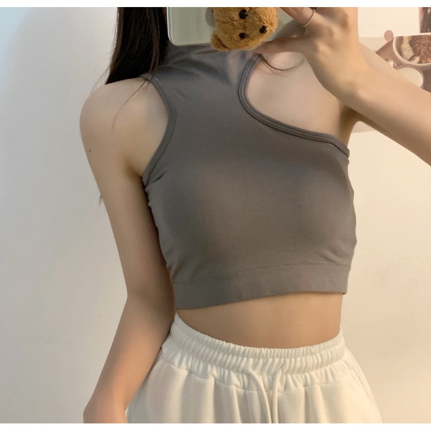 Tanktop Crop halter neck atasan crop top bra dalaman tank top korea cut side-Abu