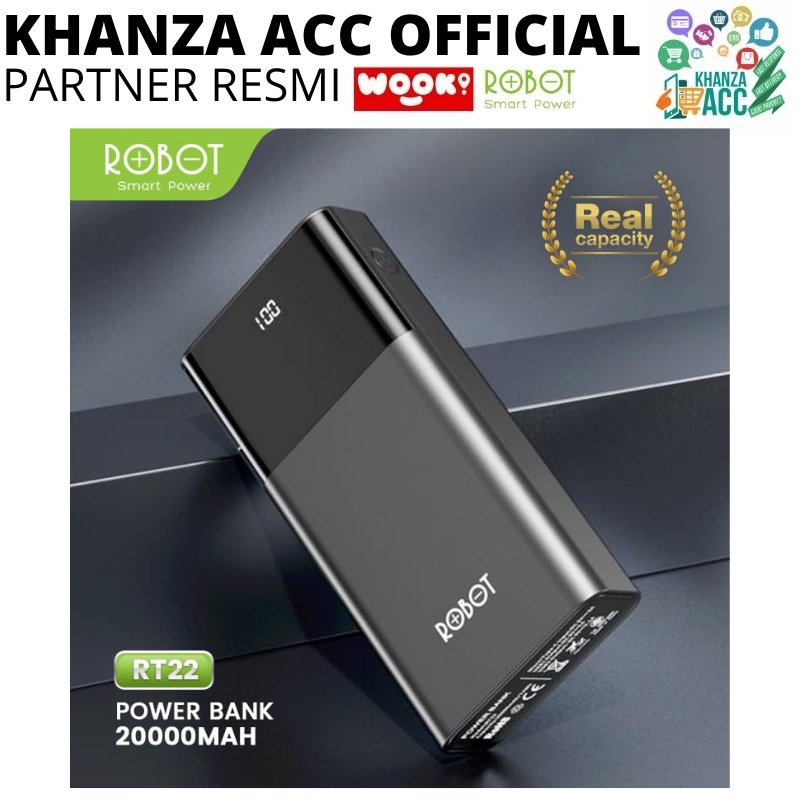 KHANZAACC ROBOT RT22 PowerBank 20000mah Dual Port Input &amp; Output Original Led Indicator