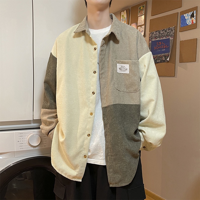 Kemeja Pria Retro Patchwork Warna Kontras Corduroy Kemeja Pria    Serbaguna  Korea Fashion Kemeja Ma
