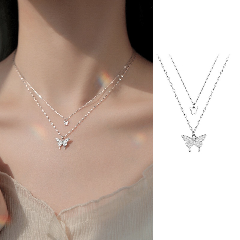 Kalung Rantai Klavikula Lapis Perak Desain Kupu-Kupu Gaya Korea Untuk Wanita