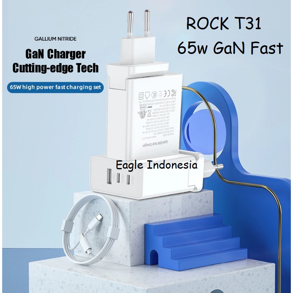 (ORIGINAL) ROCK T31 GaN Fast 65w PD Charger for iPhone Macbook Samsung Xiaomi