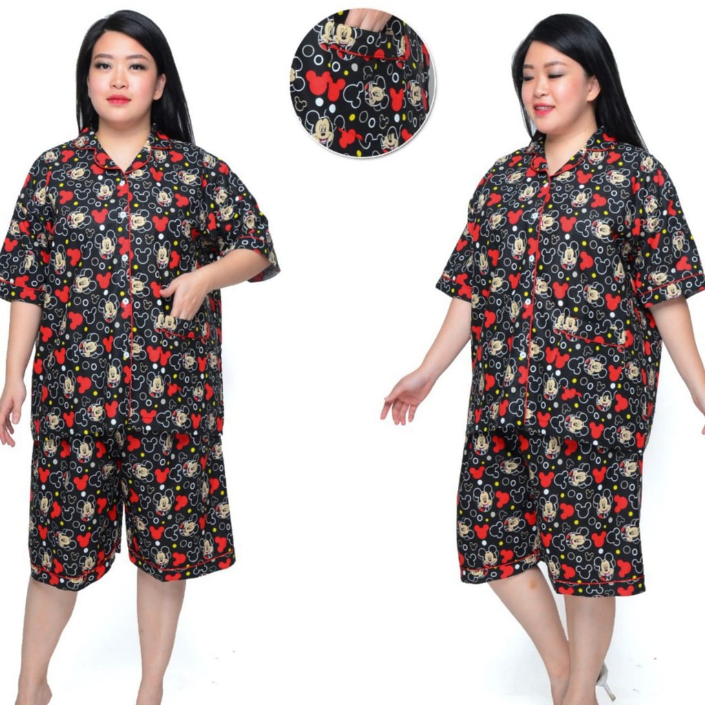 Piyama jumbo celana pendek/hotpant big size LD 130 / set baju tidur lengan pendek karakter cewek-HPJ/5L BLACK MIKI