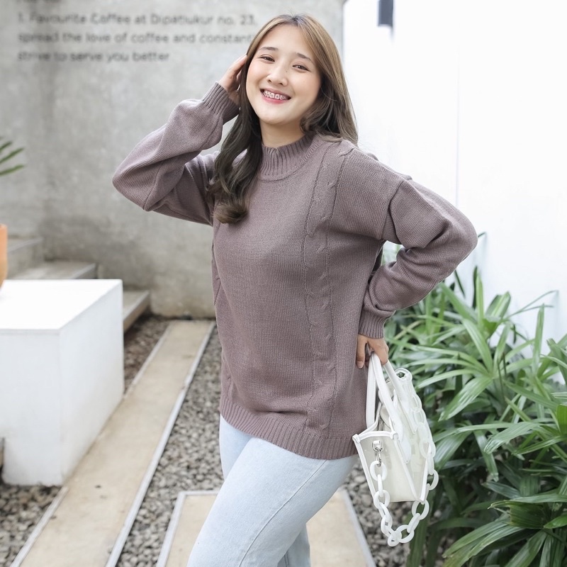 Blouse Baju Atasan Wanita Terbaru Lengan Panjang Boxy Kerah bulat cable