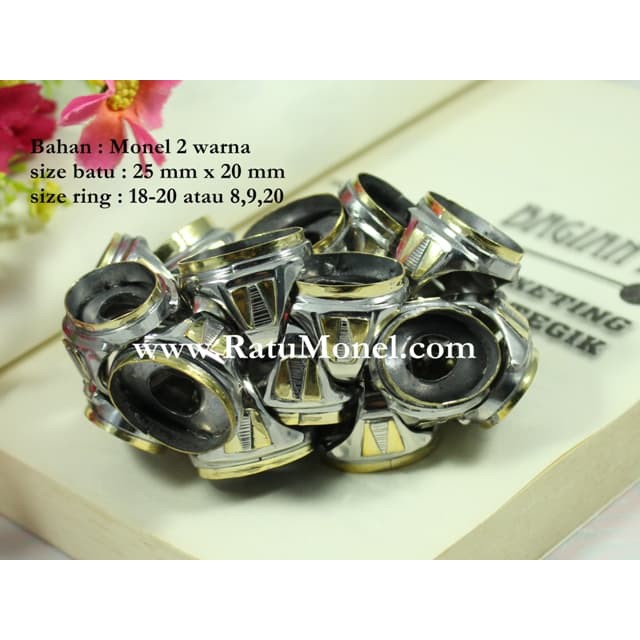 Cincin Emban Akik Kosongan Monel Tempel 2 warna batu besar #1