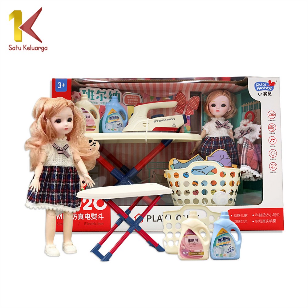 Satu Keluarga Mainan Setrika Uap Anak M187 Playhouse Set Pretend Play Mainan Laundry + Boneka Anak P