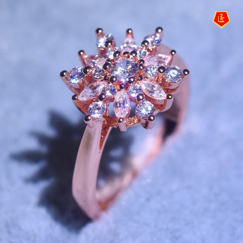 [Ready Stock]Creative Snowflake Diamond Ring 14K Rose Gold