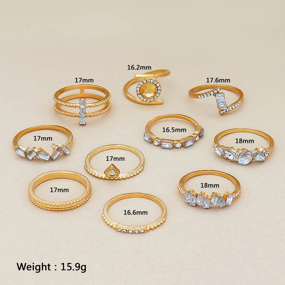 10 Pcs / set Cincin Geometris Berlian Imitasi Gaya Eropa Dan Amerika