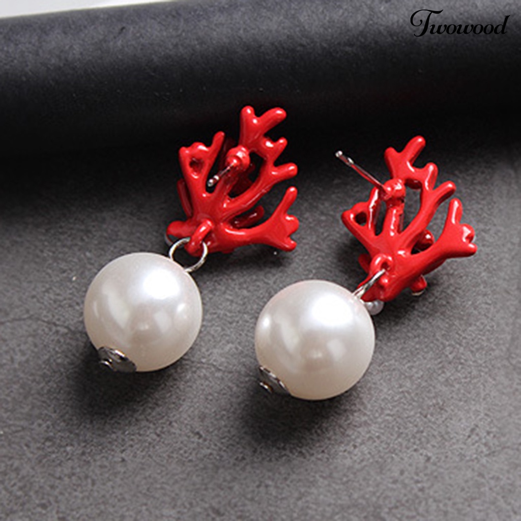 Twowood 1 Pair Ear Studs Coral Shape Faux Pearl Jewelry Cute All Match Lightweight Stud Earrings for Dating