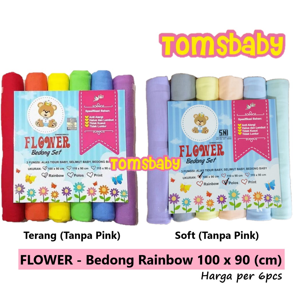 [Harga 1pack isi 6pcs] FLOWER Bedong Rainbow POLOS isi 6pcs uk 90 x 100 cm (SNI)