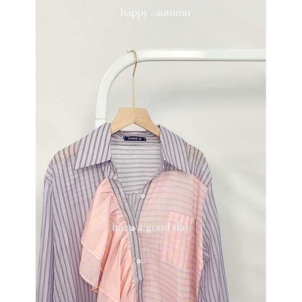 MDLV ~ 2120 Carilyn Ruffle Shirt Kemeja Korea Style Kemeja Ruffle Pink Lilac Kemeja Garis Lilac Kemeja Terbaru Kemeja Premium Fashion Import