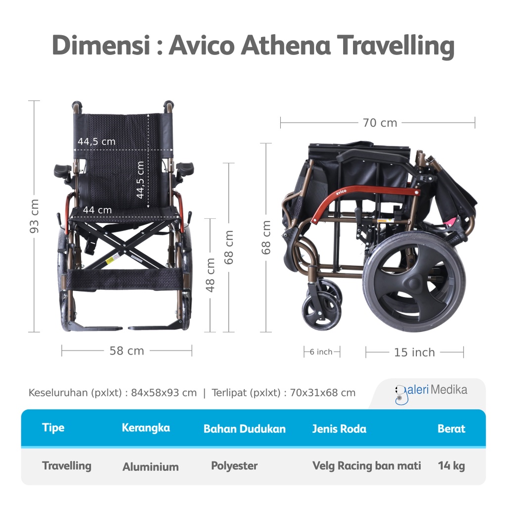 KHUSUS GOJEK/GRAB Kursi Roda Travelling Avico Athena - Travel Wheelchair Bisa Lipat (Roda Kecil) 15 Inchi