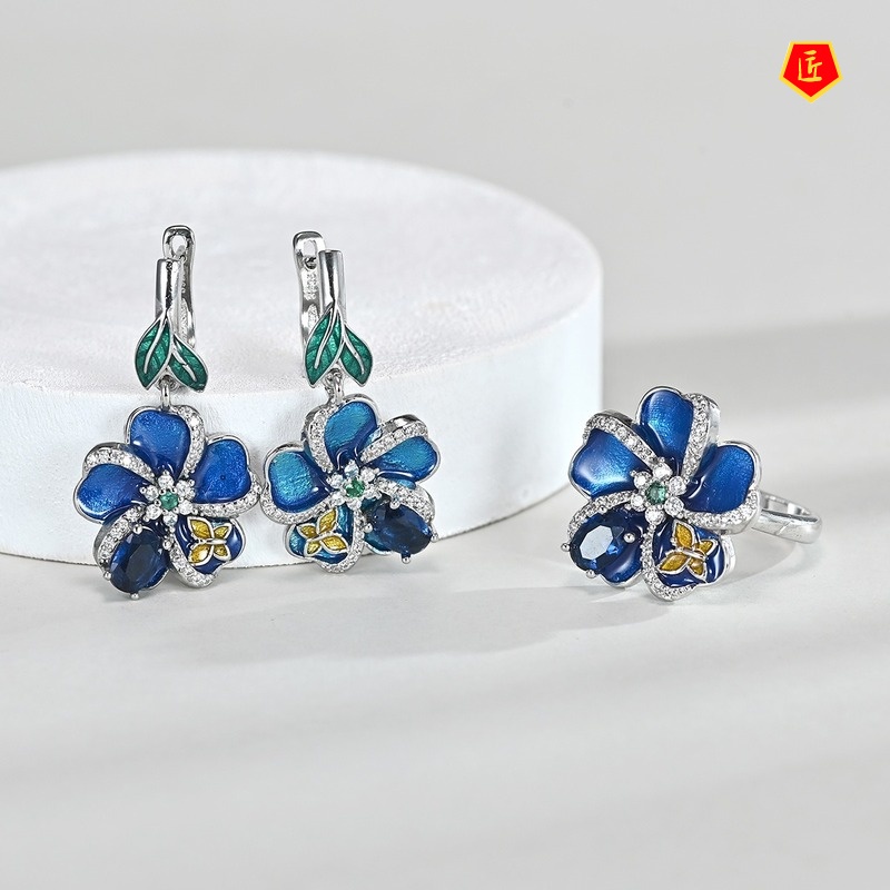 [Ready Stock]Butterfly Ring Flower Rhinestone-Embedded Earrings and Necklace Set