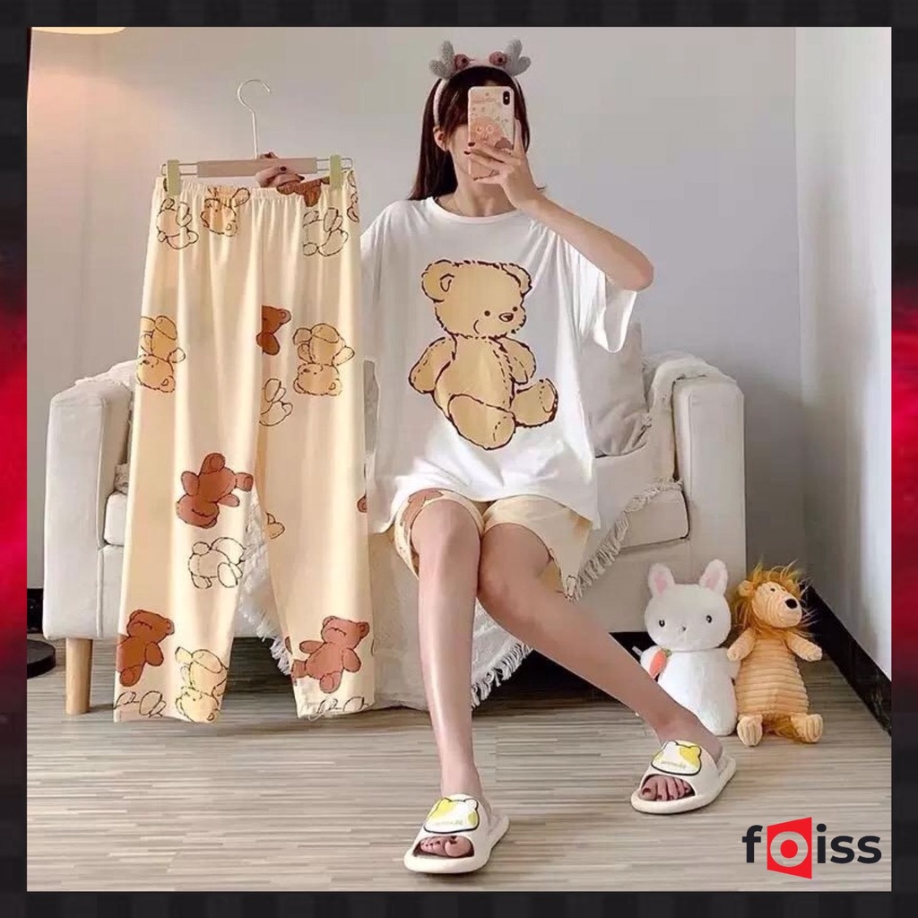 ✅𝐅𝐎𝐈𝐒𝐒® Baju Tidur Set Piyama 3 in 1 Wanita Celana Panjang Pendek Import Fashion Korea 4003
