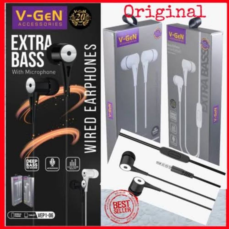 Original V-Gen Headset Extra bass with Microphone Earphone bass stereo Original Vgen (V-P06)