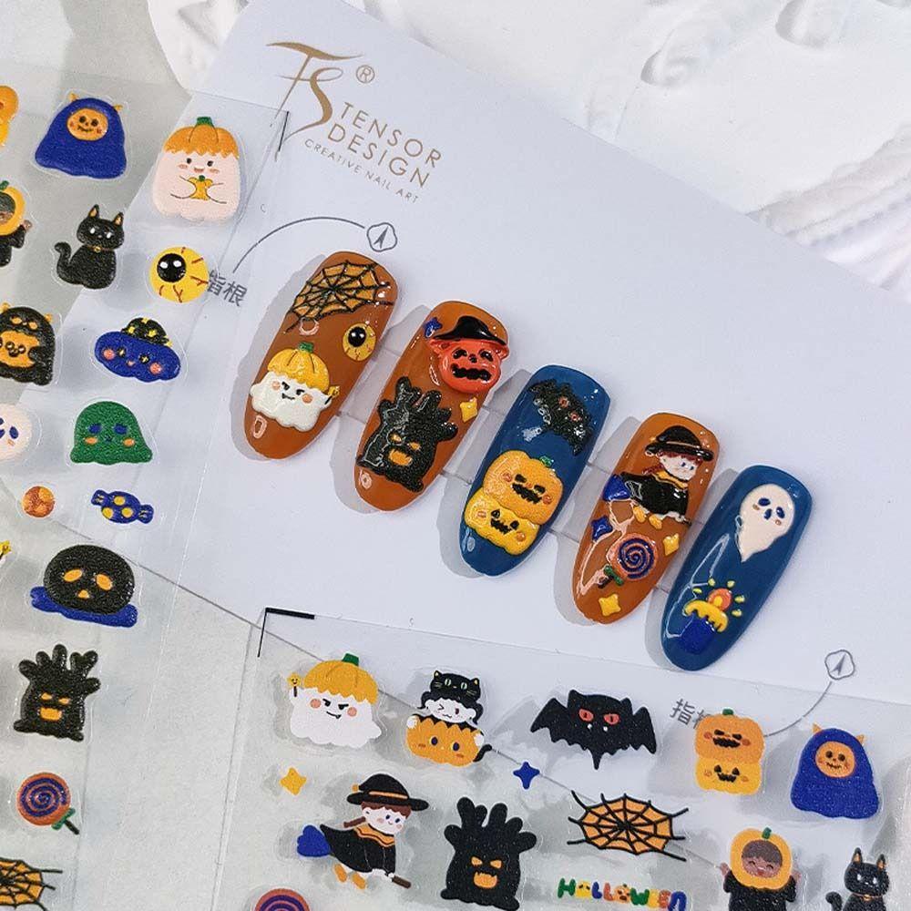 NEEDWAY Halloween Stiker Kuku Wanita Perekat Diri Zombie Hantu Spider Skeleton Nail Art Dekorasi