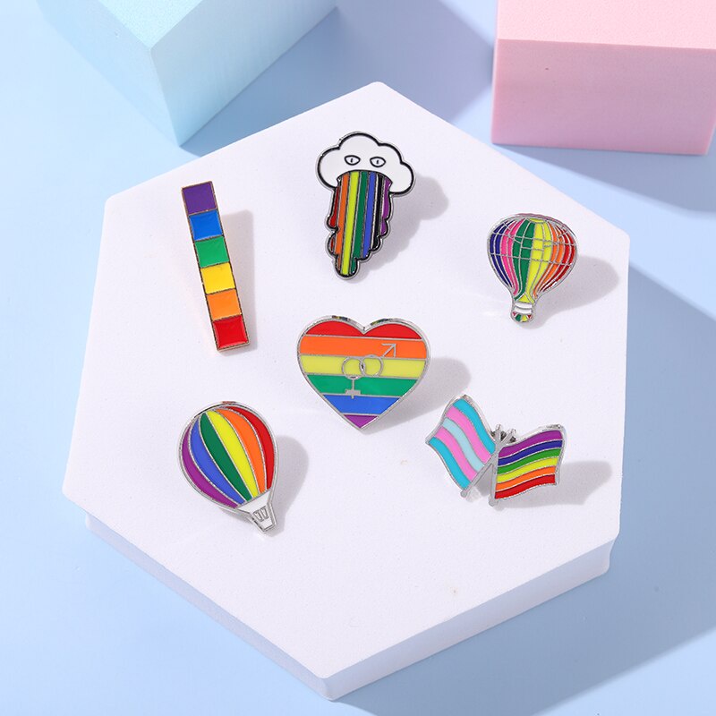 Rainbow Enamel Pins Hot Air Balloon Sky Clouds Flag Heart Brooch Lapel Badge Colorful Jewelry Gift for Friend