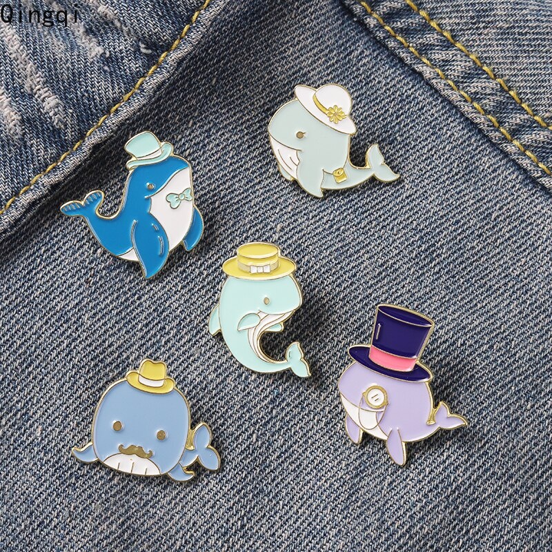 Bros Pin Enamel Desain Kartun Hewan Laut Hiu Paus Lumba-Lumba Untuk Hadiah Anak Unisex