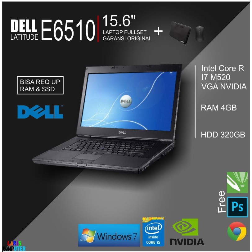 Laptop Second Fullset Murah Dell 6510 Core I7 VGA NVIDIA  RAM 4GB HDD 320GB Bergaransi Mulus