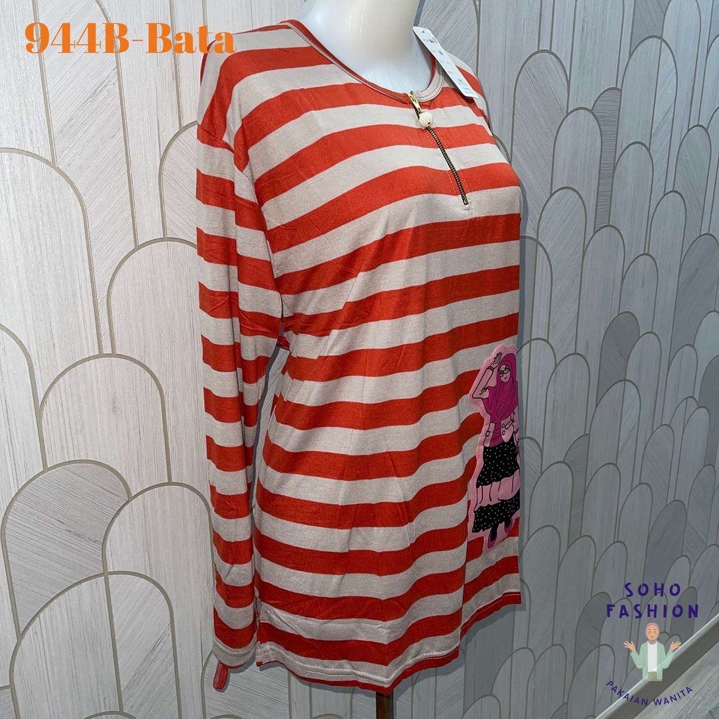 Atasan Tunik Wanita Salur Bergambar Lengan Panjang