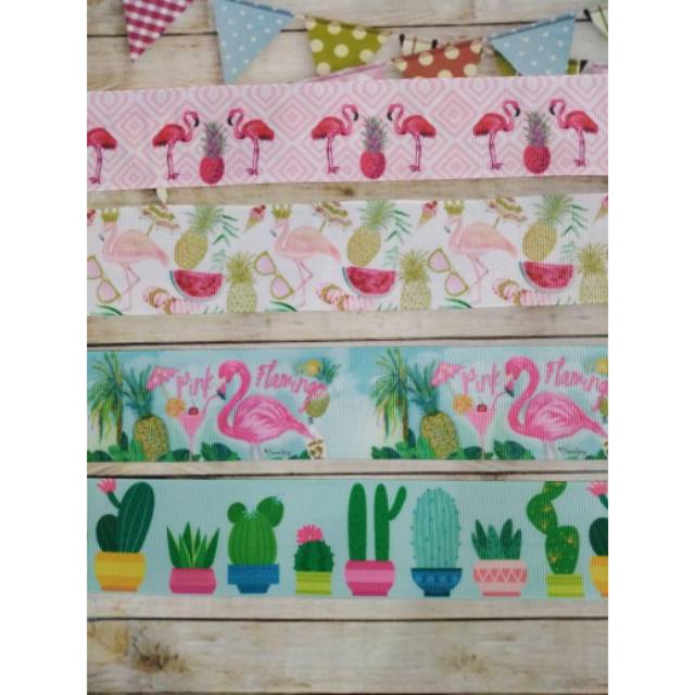 Pita grosgrain motif flamingo cactus kupu 4 cm per meter