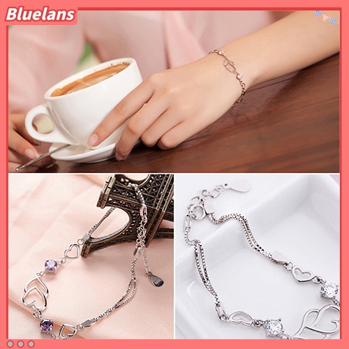 Bluelans Women 925 Sterling Silver Bracelet Rhinestone Love Heart Chain Bangle