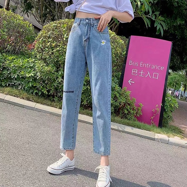 yikoo-Jeans wanita bordir daisy korean style jeans boyfriend celana