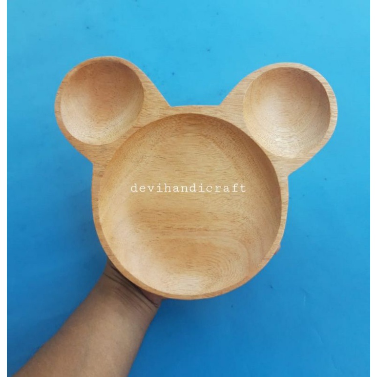 piring kayu/piring makan anak/bayi/piring saji/piring karakter mickey kayu mahoni