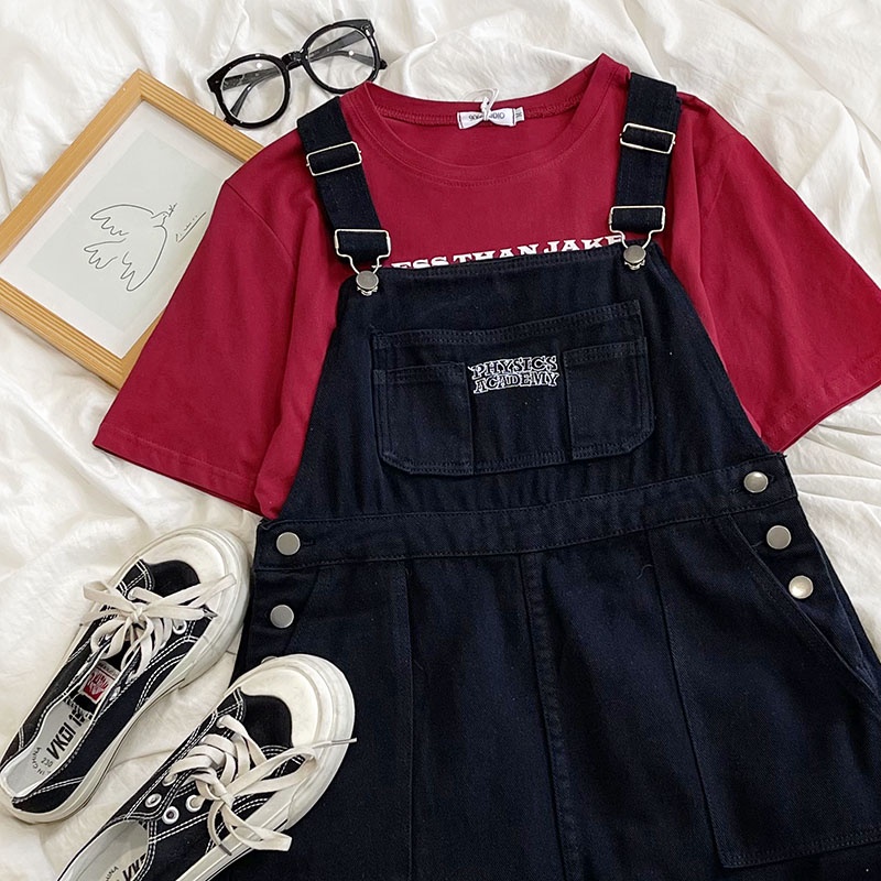 Bordir surat pengurang usia retro yang lucu, saku besar, rok suspender denim longgar dan tipis yang cocok untuk semua,