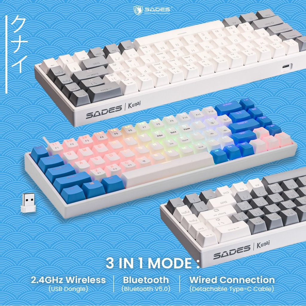 Sades Kunai SK868 Gateron Hotswap 3in1 Wireless Mechanical Keyboard Triple Connection