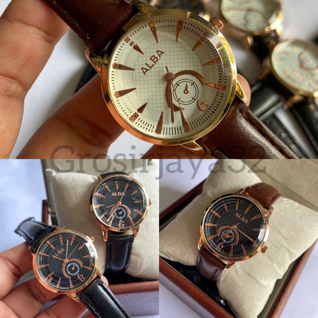 Jam Tangan ALB HERO Quartz Analog Wanita Pria Tampilan Retro Bentuk Bulat Tali Kulit PU