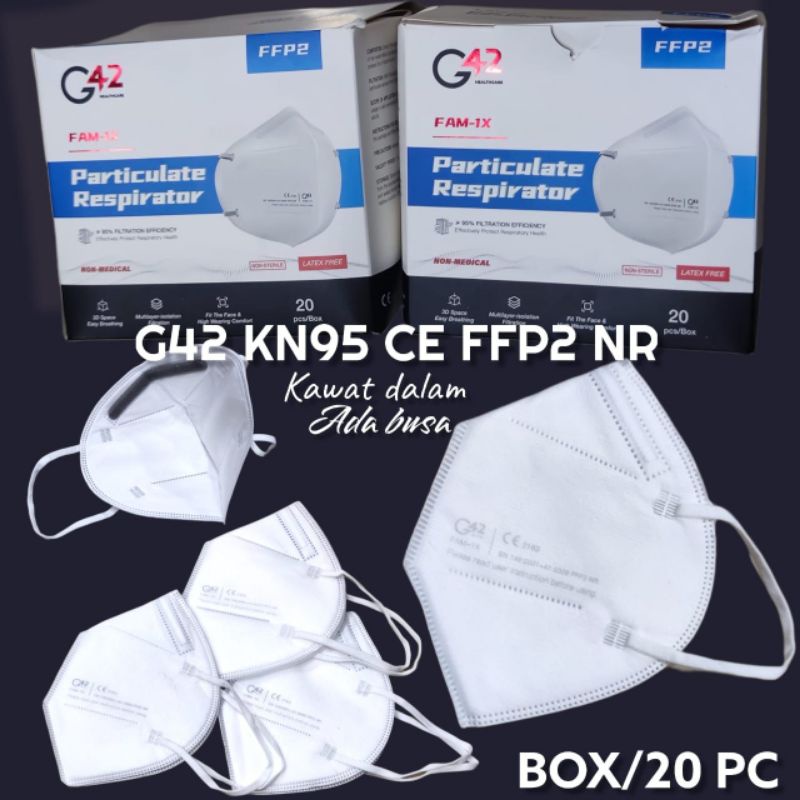 READY MASKER KN95 G42 CE FFP2 NR ISI 50 LBR (KAWAT DALAM ADA BUSA), FICHE ISI 20 LBR. KN 95 EARLOOP PROTECTIVE MASK. KN95 MASK. KN 95 MASK