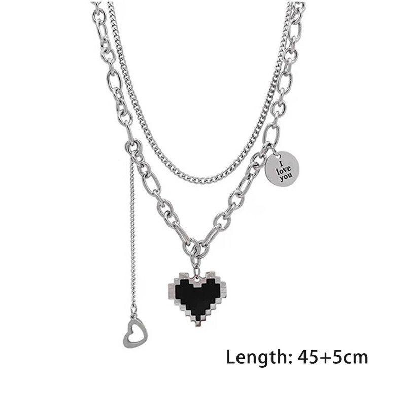 Kalung Choker Rantai Liontin Hati Mosaik Hitam Lapisan Ganda Bahan Alloy Gaya Punk Hip-Hop Untuk Wanita